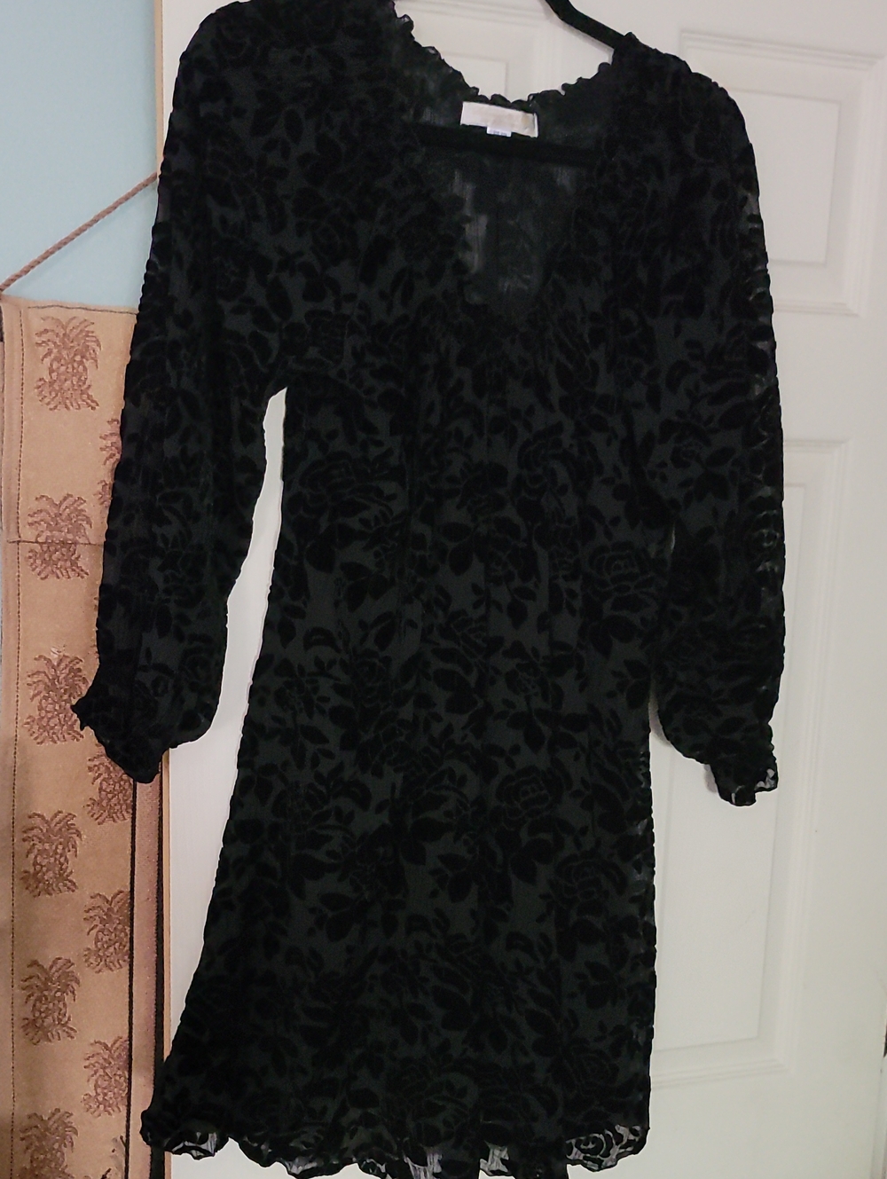Black Floral Burnout Long-Sleeve V-Neck Dress